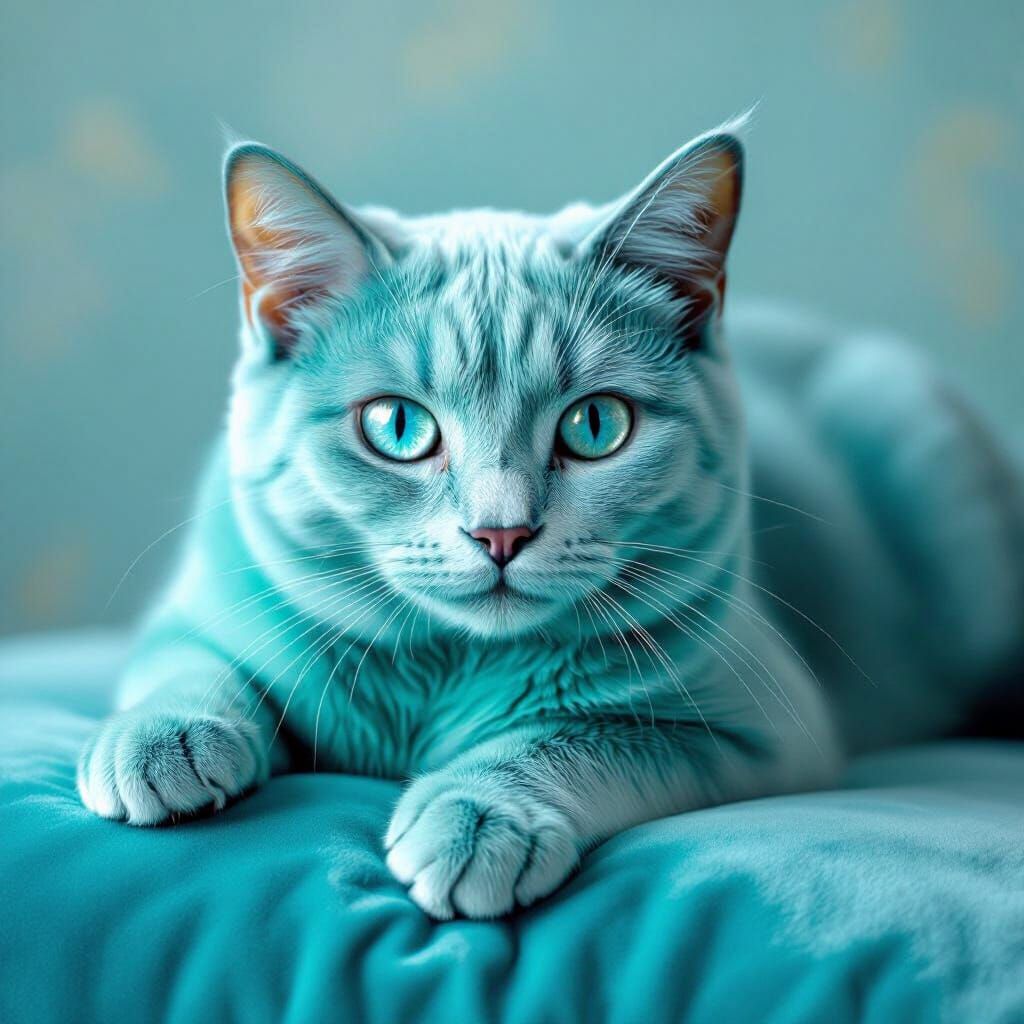 Turquoise Cat with Crystal Eyes on Velvet Cushion