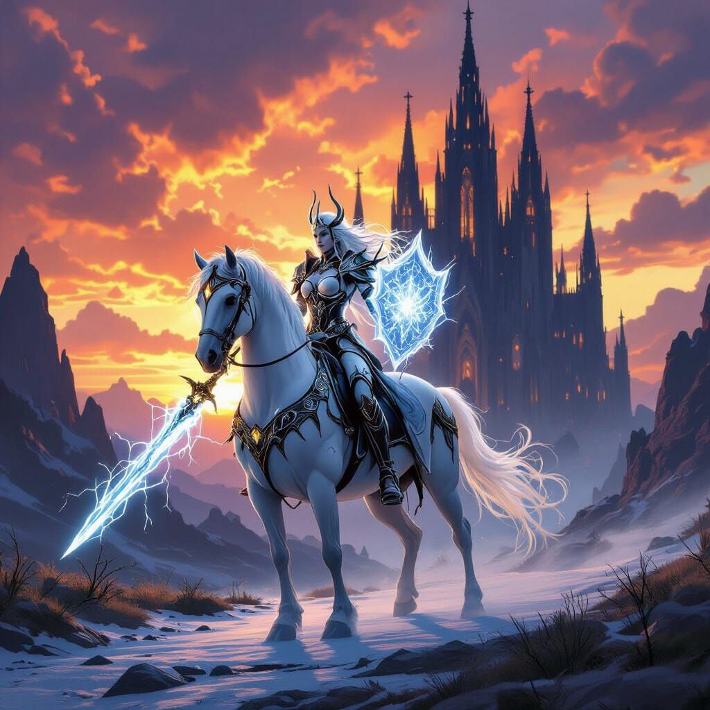 Goddess of Ice and Fire Rides Horse with Electric Sword