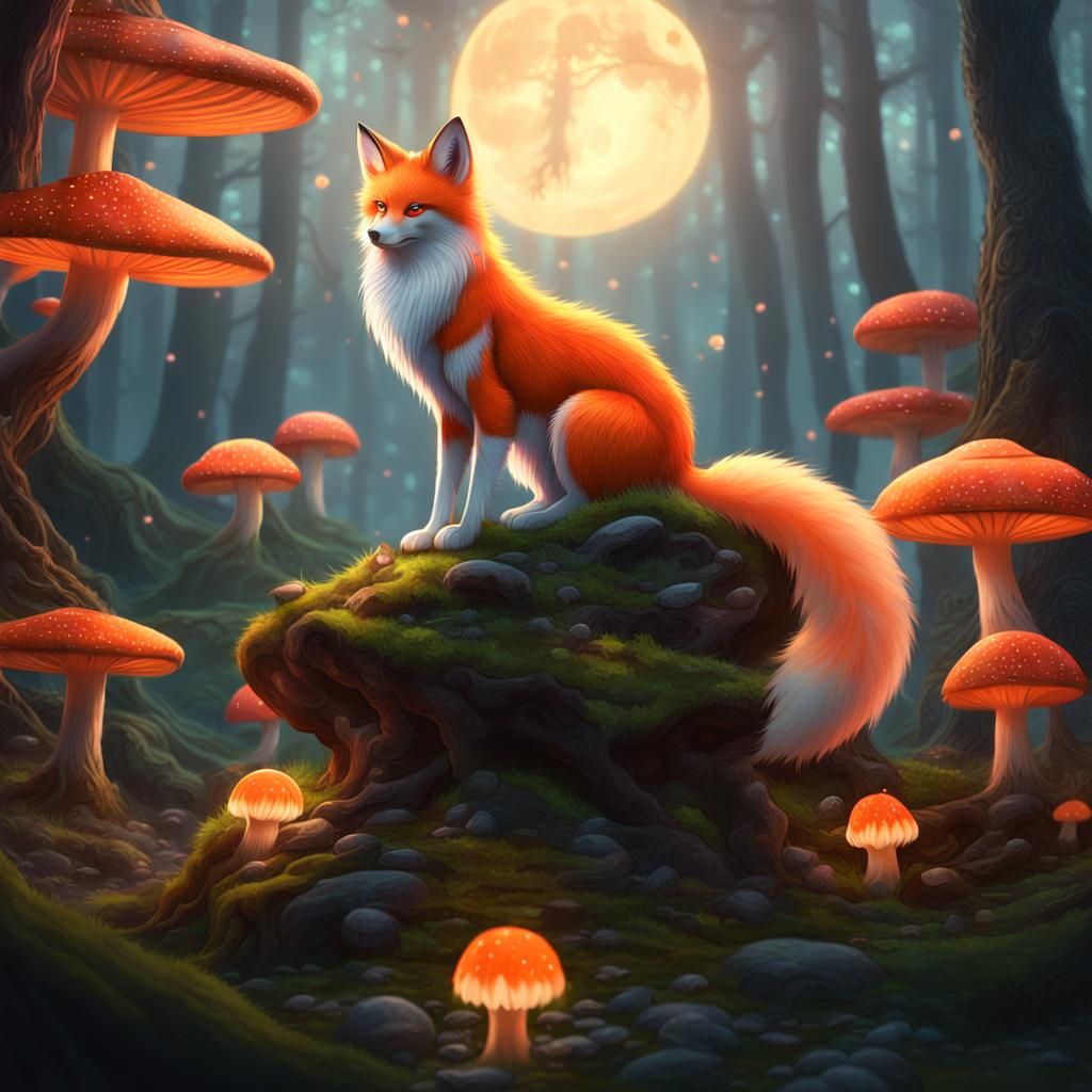 Kitsune Girl in Moonlit Forest: Fantasy Concept Art