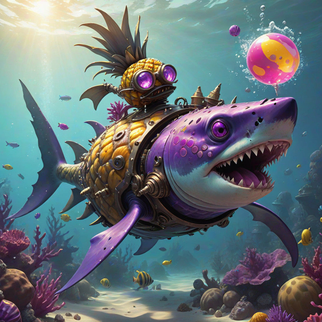 Pineapple Steampunk Rider Chases Beach Ball Underwater
