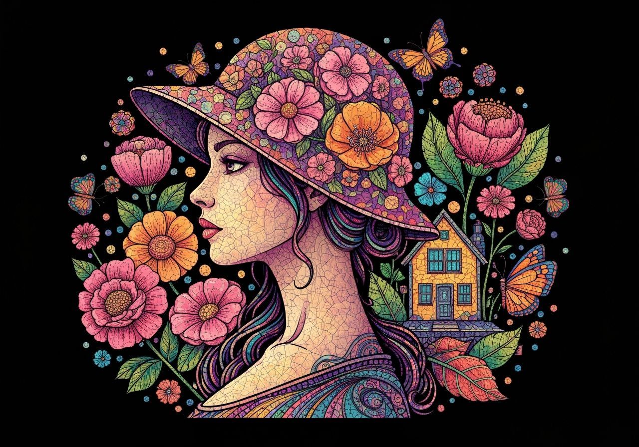 Woman Profile With Floral Hat Mosaic Art