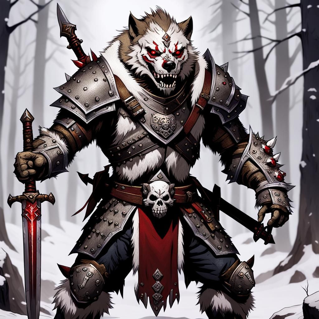 White Fur Gnoll Warrior in Skull Armor