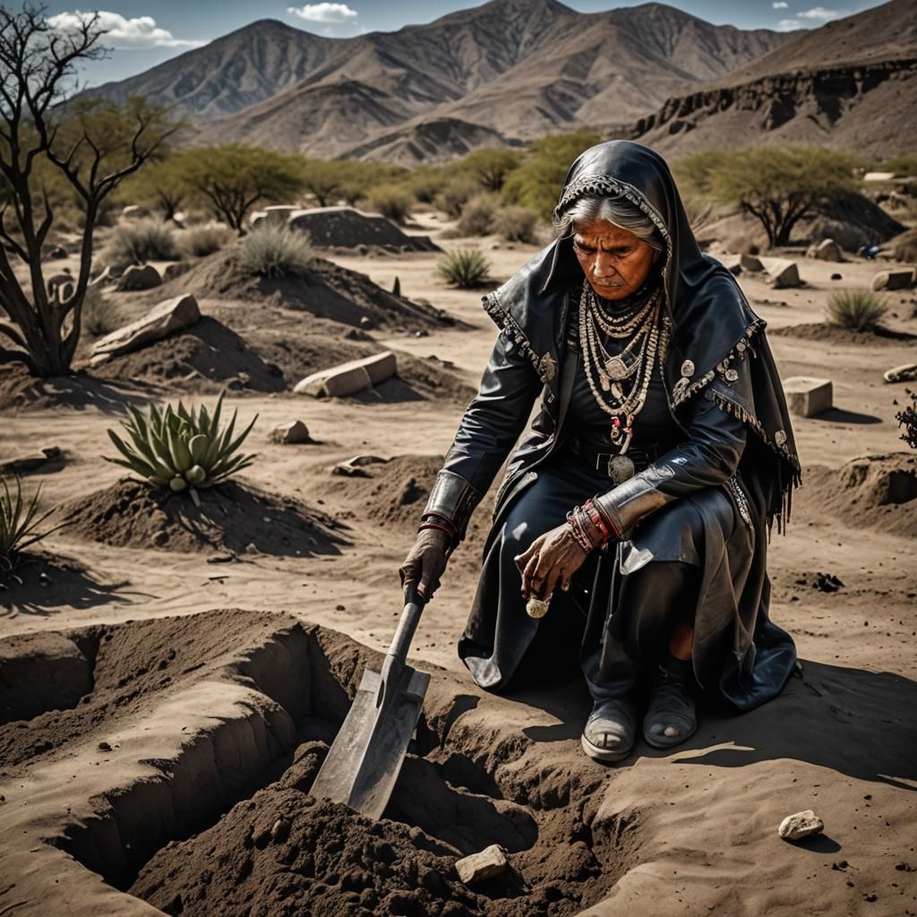 Leather-Clad Woman Digging Grave in Desert