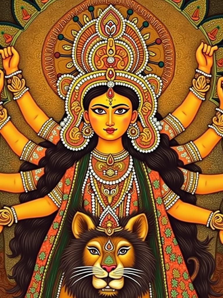 Maa Durga on Lion, Indian Miniature Painting Style