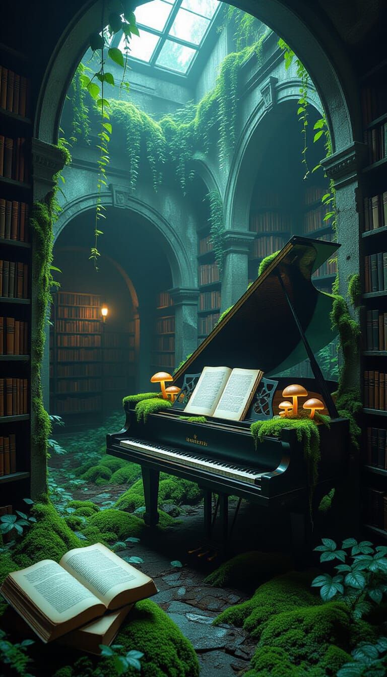 Moss-Covered Piano Glows in Moody Attic