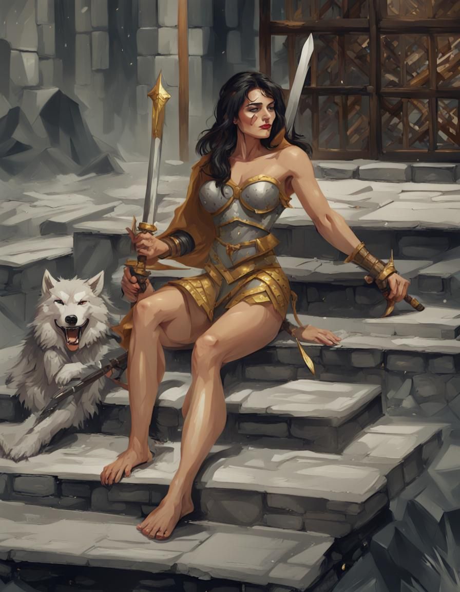 Golden Armored Barbarian with Wolf Companion