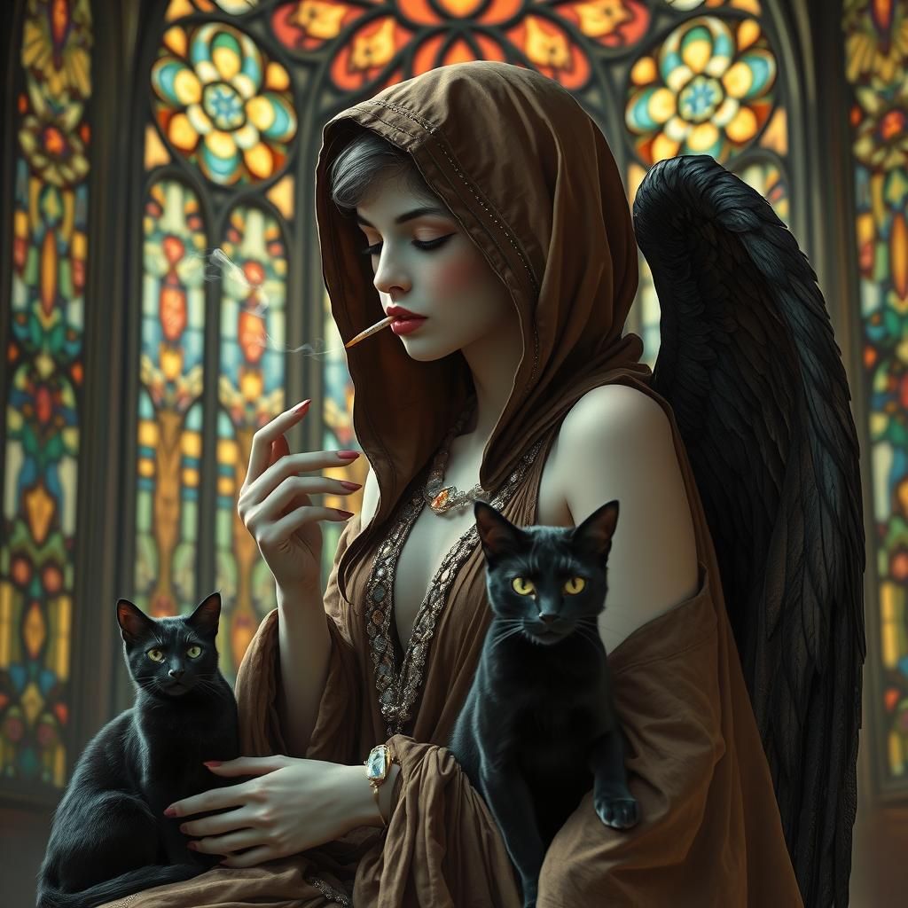 Art Deco Angel with Black Wings and Cat