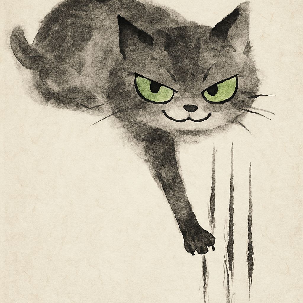 Playful Grey Cat in Sumi-e Ink-Wash Painting