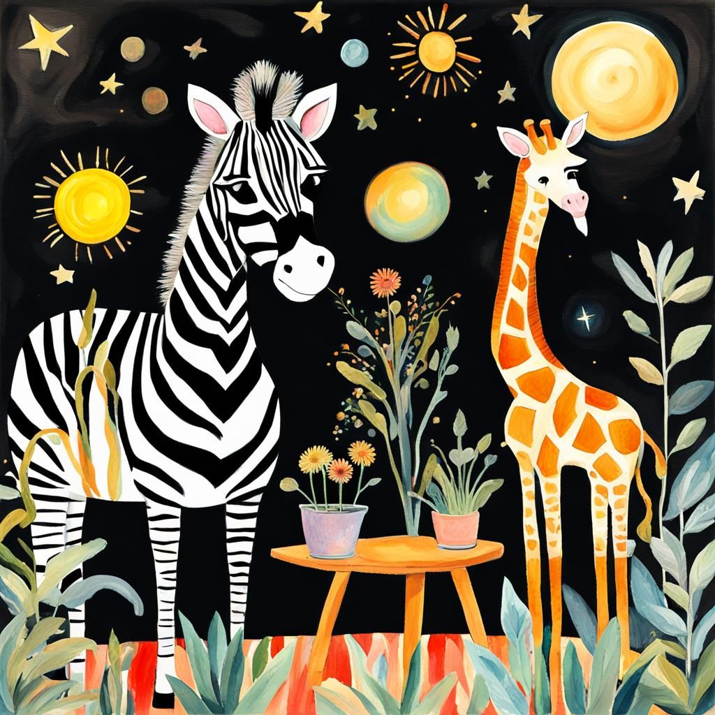 Giraffe and Zebra in Gouache Watercolor Style