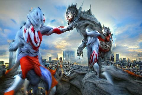 Ultraman Battles Monster in Hyperrealistic Cityscape