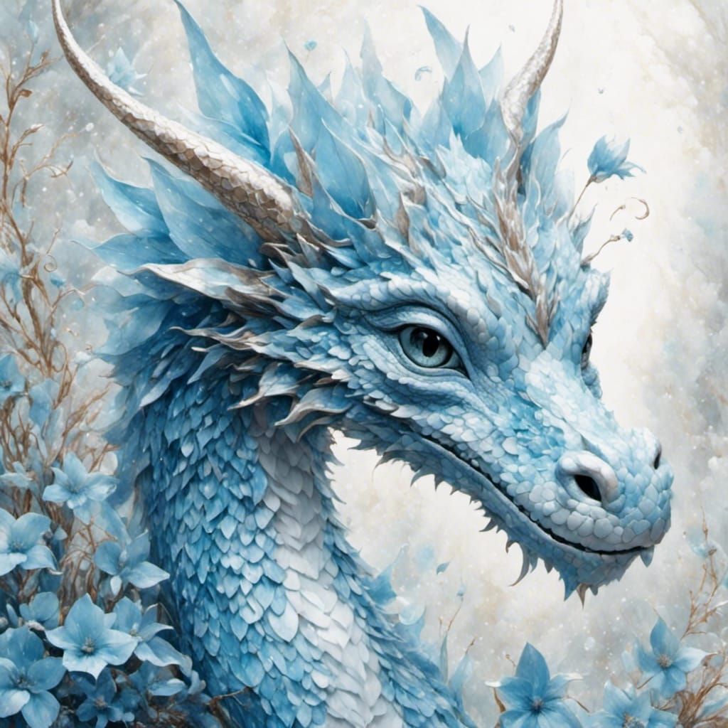 Whimsical Baby Blue Ice Dragon Watercolor Masterpiece