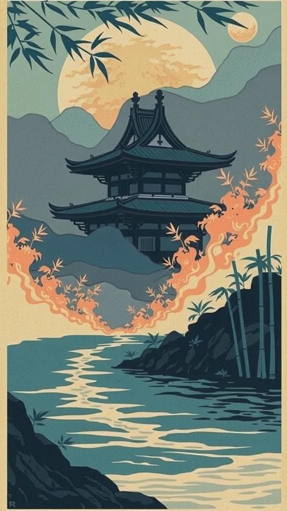 Japanese Temple Engulfed in Flames, Woodblock Print Style