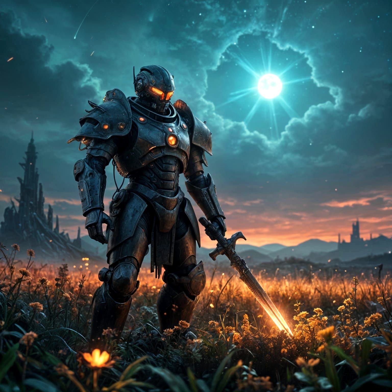 Robot Knight Amidst Alien Flora in Sci-Fi Style