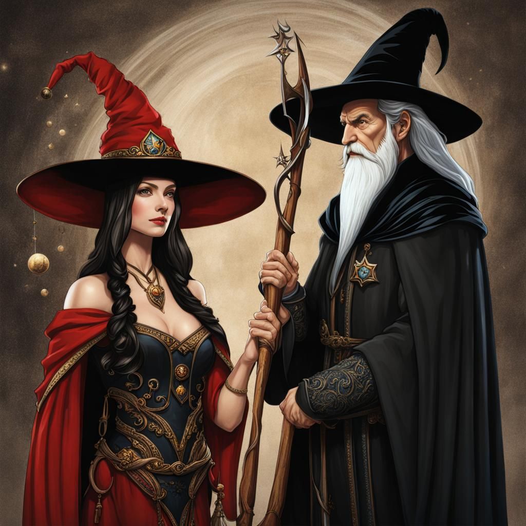 Wizard and Sorceress Couple in Pointy Hats