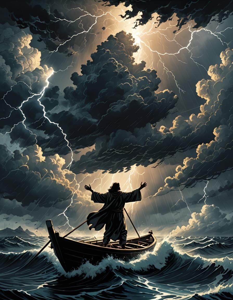 Dramatic Silhouette of Man Calming Storm, Comic Book Art