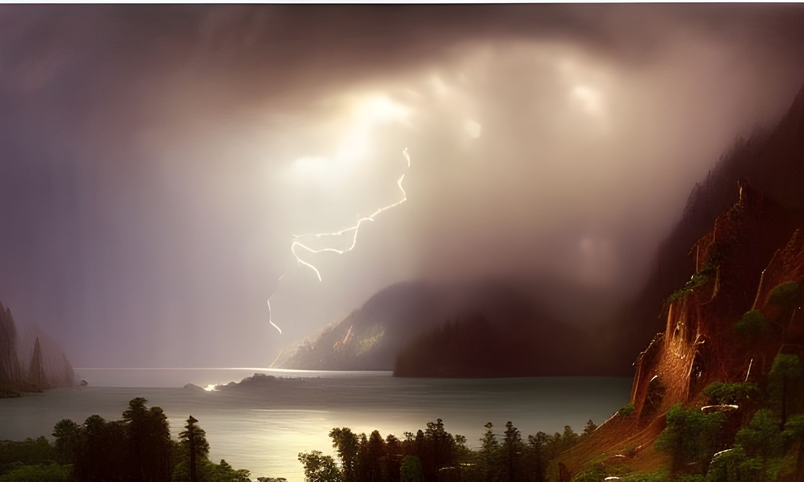 Dramatic Storm Over Wooded Cliff in Digital Painting