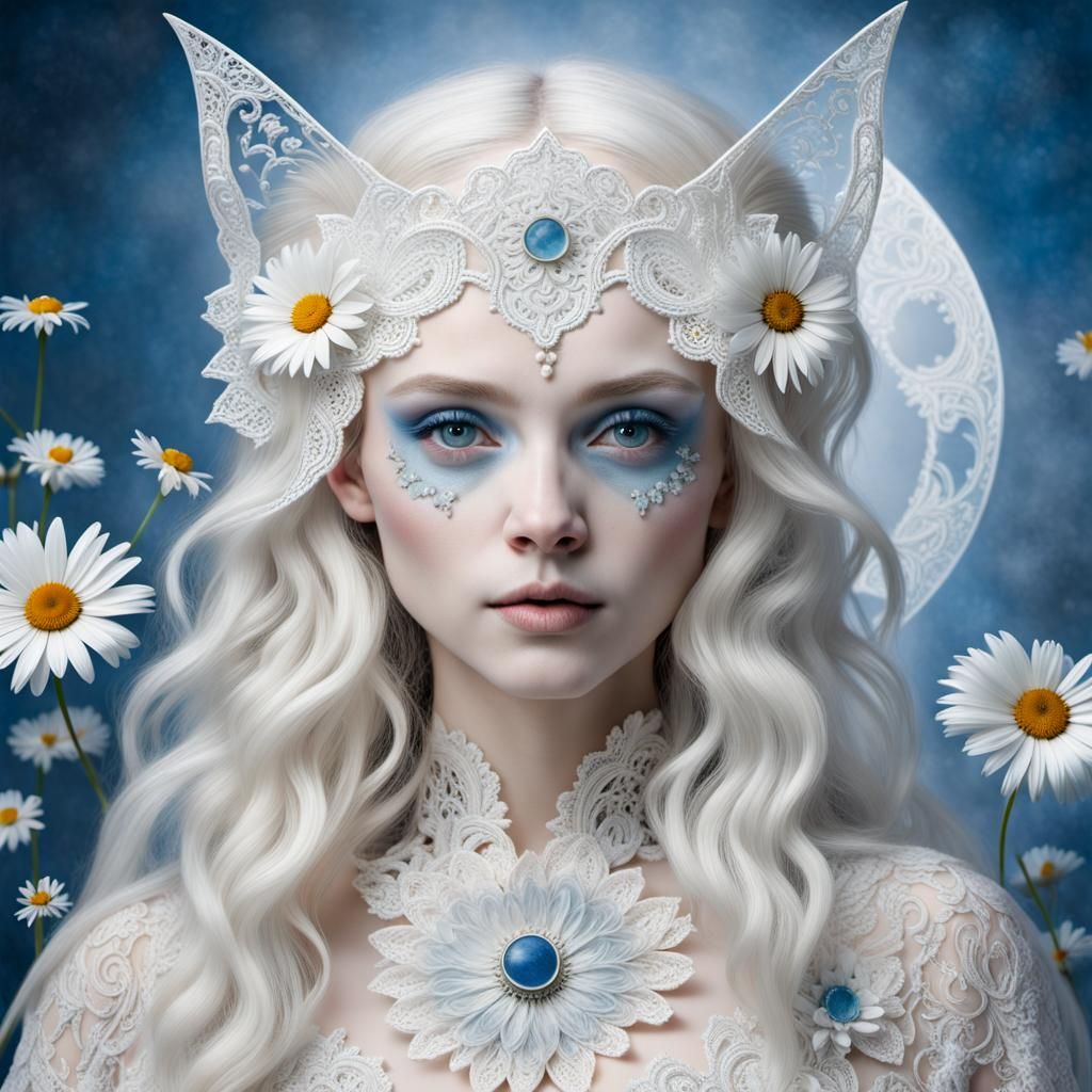 Elf Ragdoll Portrait with Glass Moon and Daisies