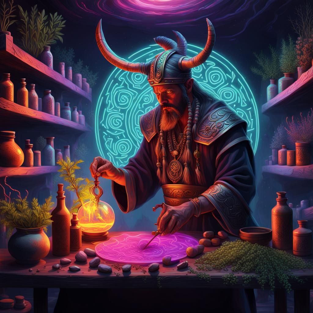 Neon Viking Shaman Crafting Ancient Herbal Medicine