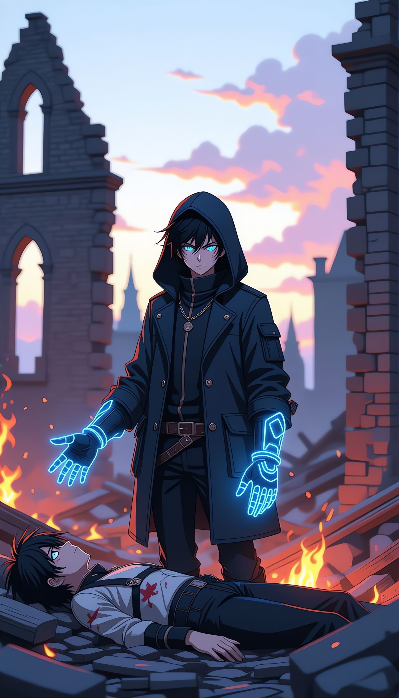 Anime Man with Magic Gloves at Burned Ruins