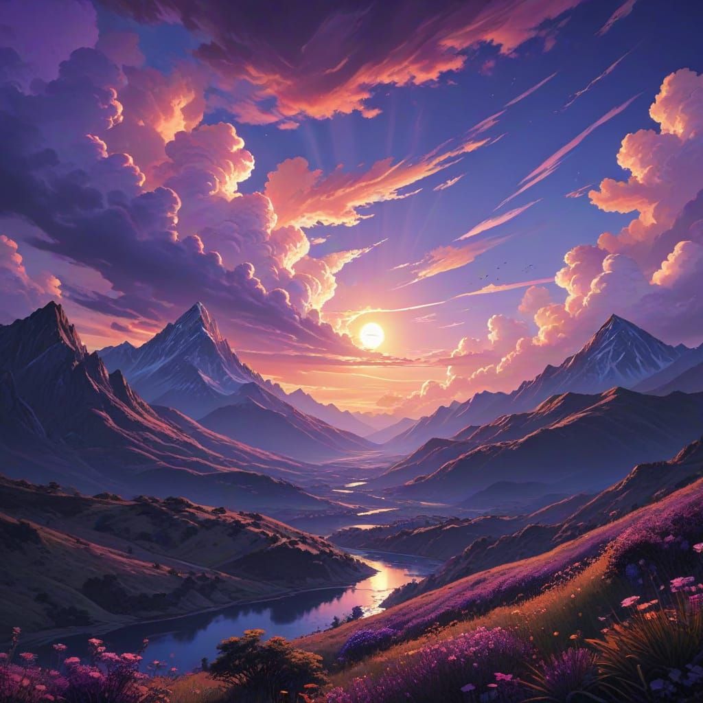 Surreal Sunset Amidst Majestic Mountains in Vibrant Anime St...