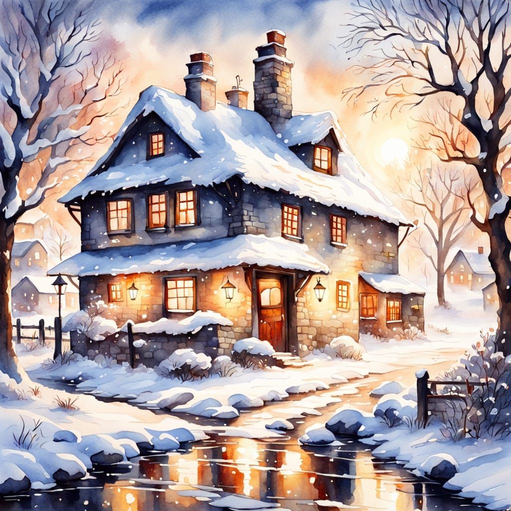 Winter Village on Fire in Watercolour Style