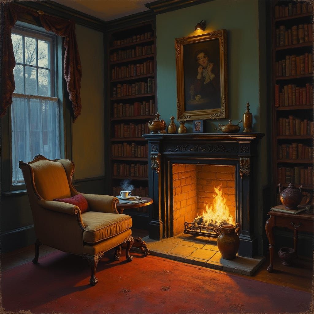 Inviting Victorian Study with Fireplace, Neo-Impressionism