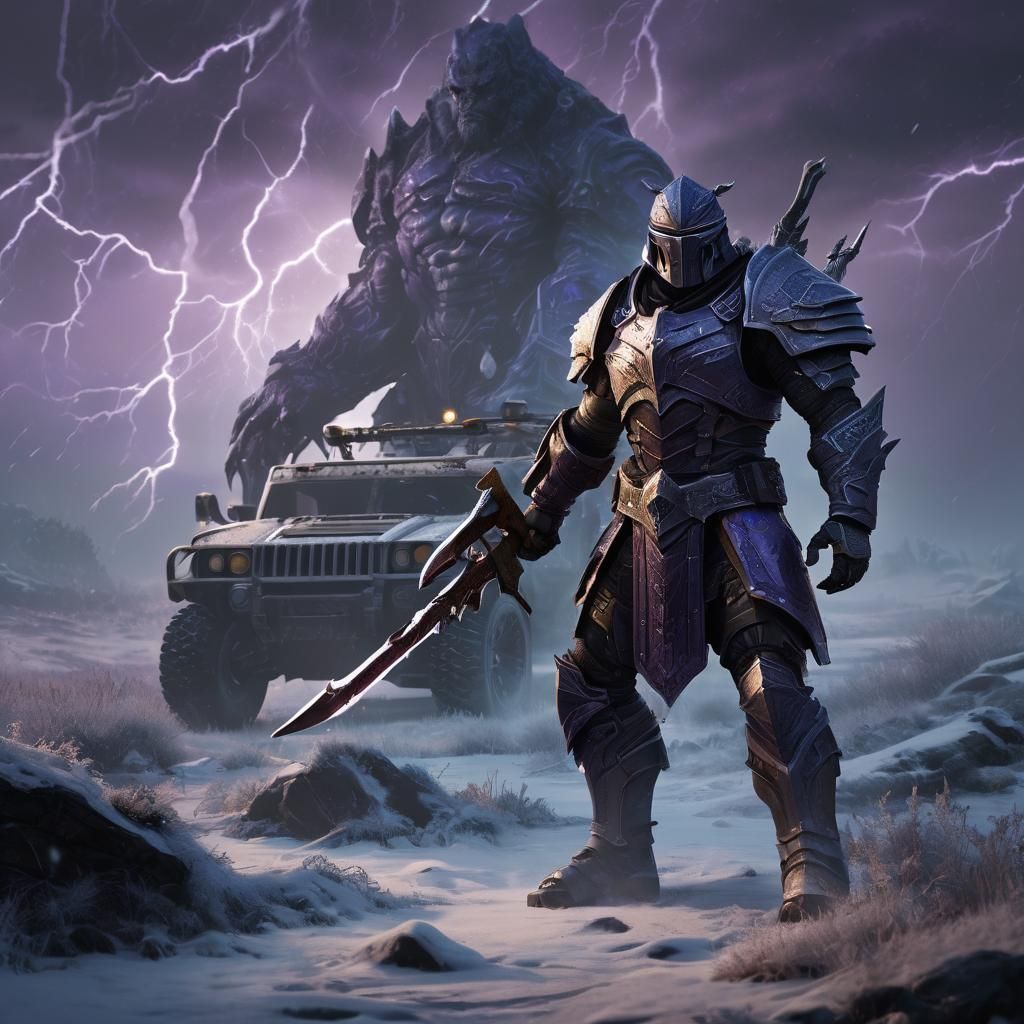 Fantasy Warrior in Frost Lands Lightning Storm