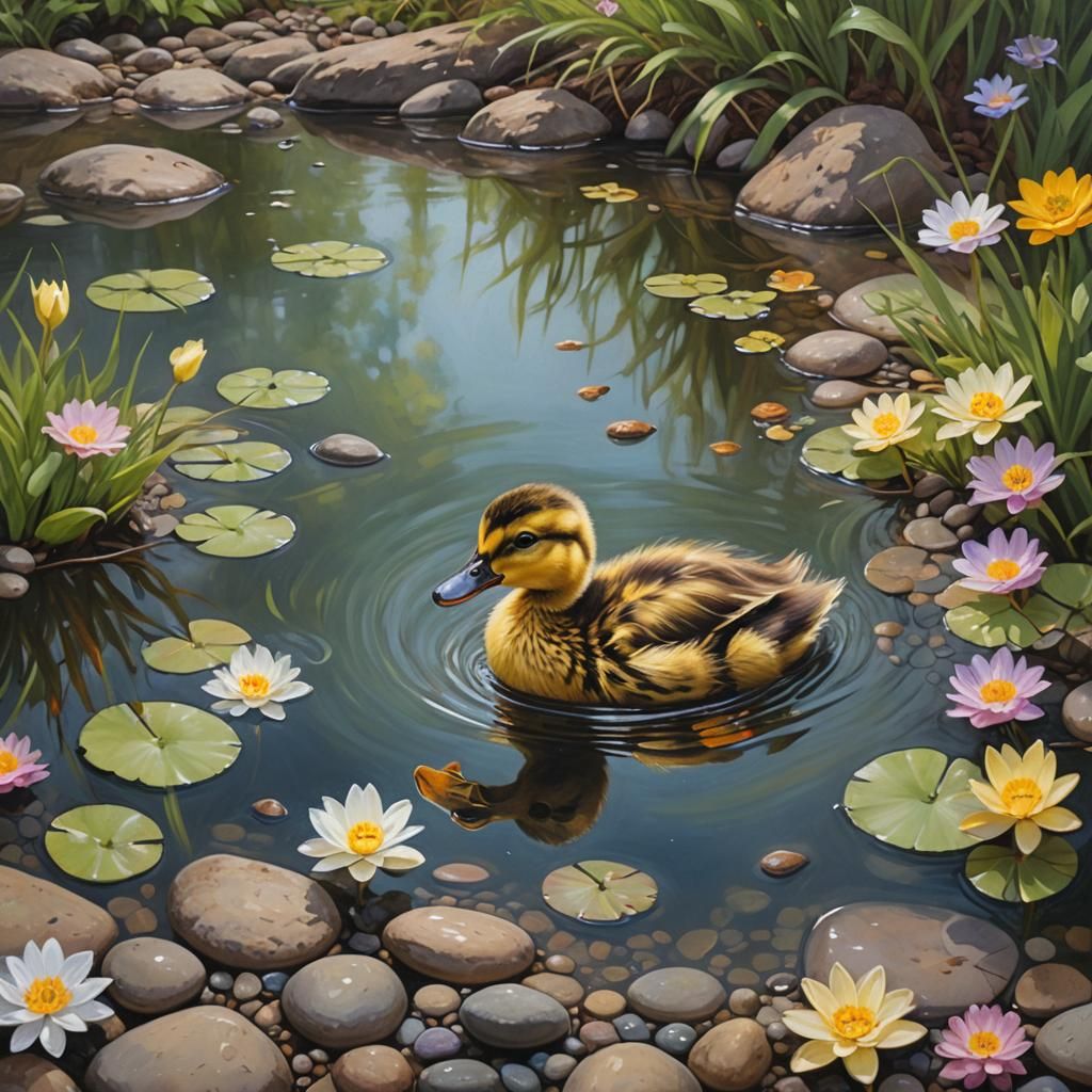 Duckling in River, Oil Painting