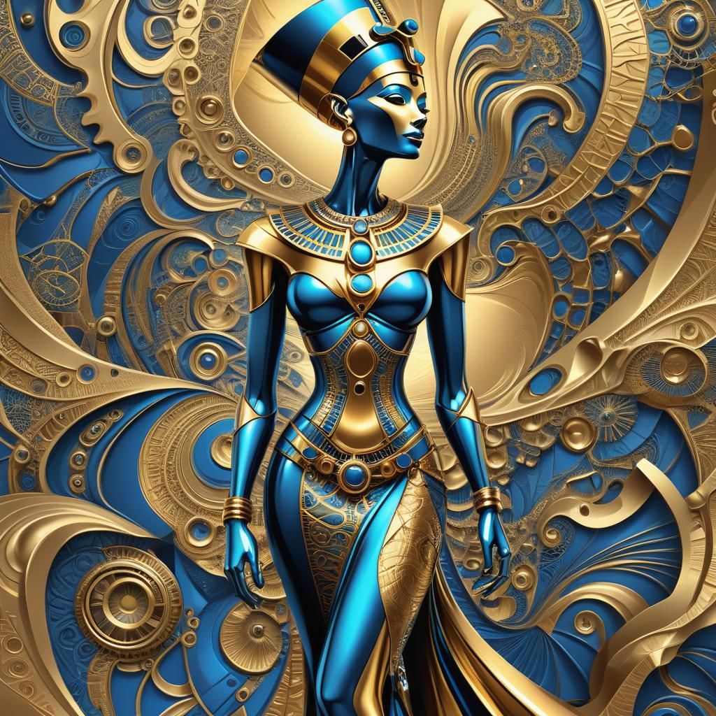 Steampunk Nefertiti Robot in Metallic Gold