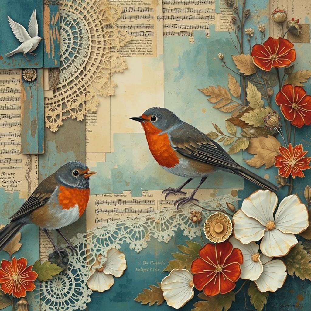 Robin in Mixed Media Paper Collage Painting