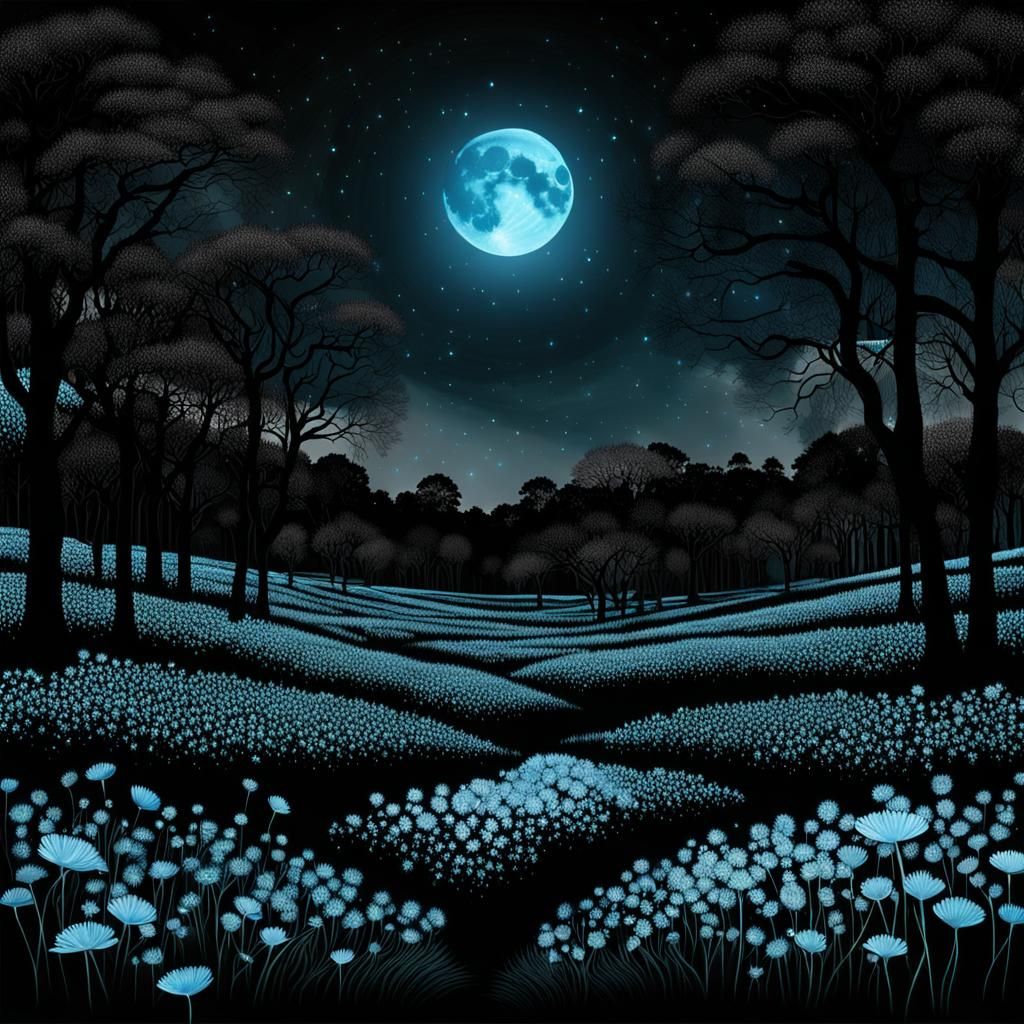 Bioluminescent Meadow Under the Moon