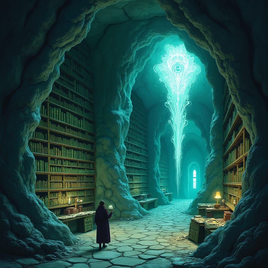 Mystical Library in Geode: Dark Fantasy Illustration