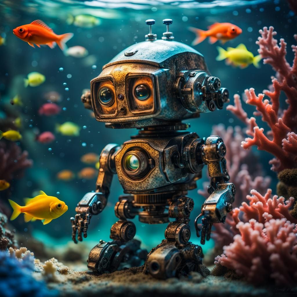 Adorable Robot in Aquarium: Photorealistic Color Photography