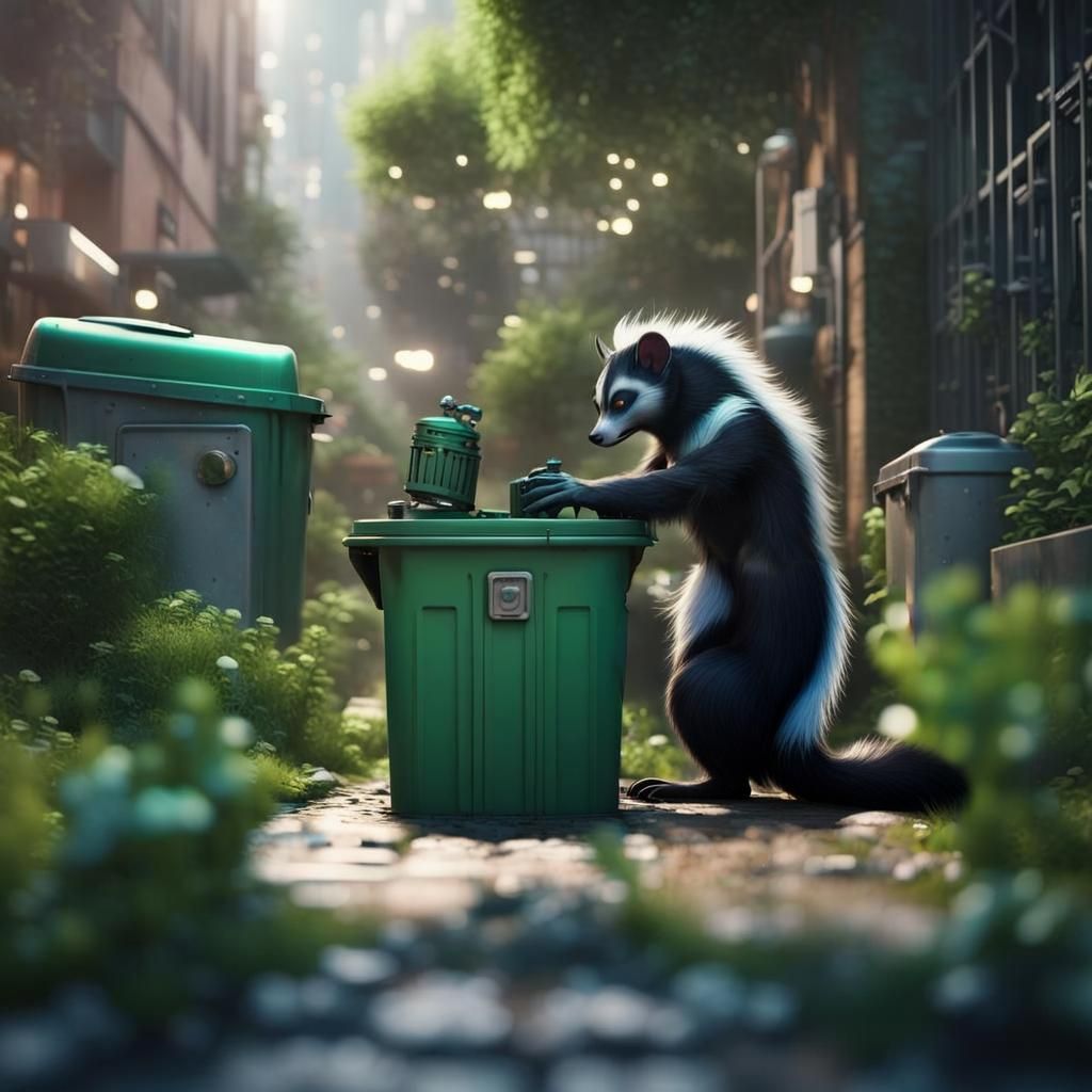 A skunk in an urban garden