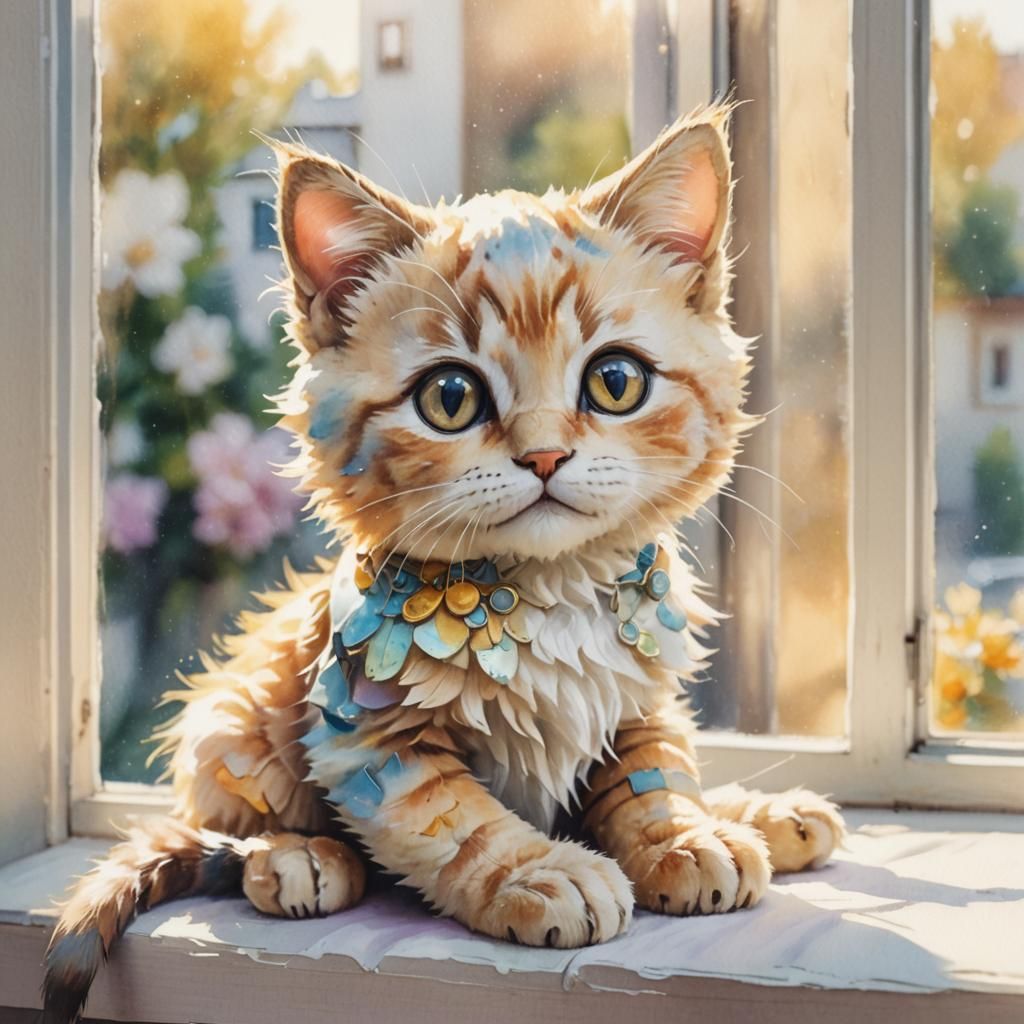 Plush Robot Kitten on Windowsill in Watercolor Style