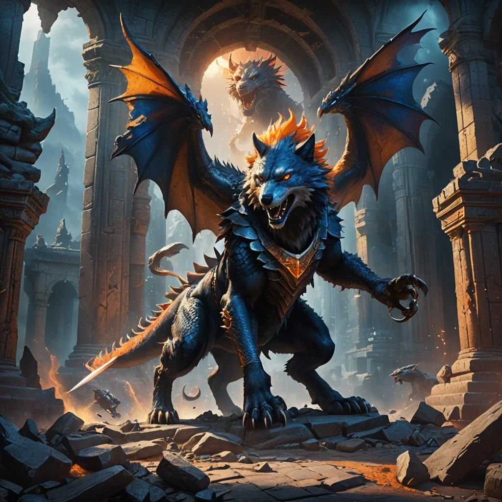 Epic Wolf and Dragon Clash in Ruined Temple