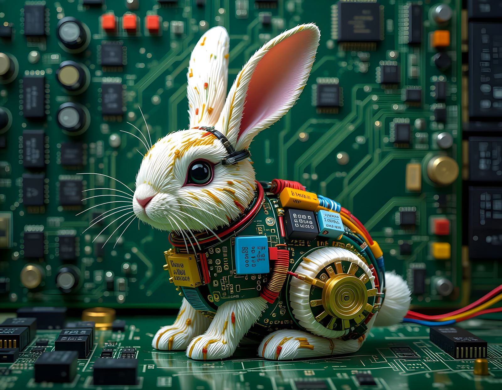 Steampunk Electronic Bunny on Computer Motherboard