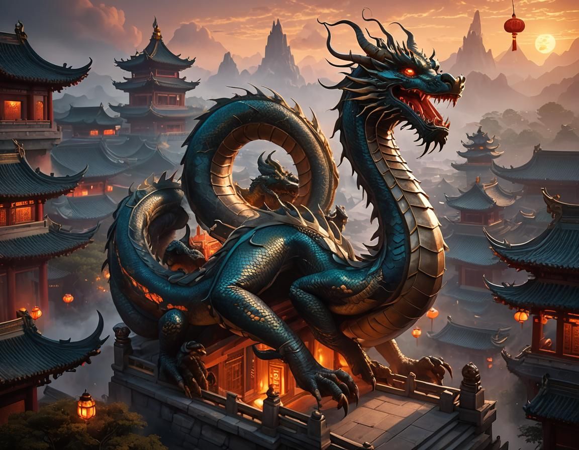 Serpentine Dragon Wraps Temple: Chinese Watercolor Art
