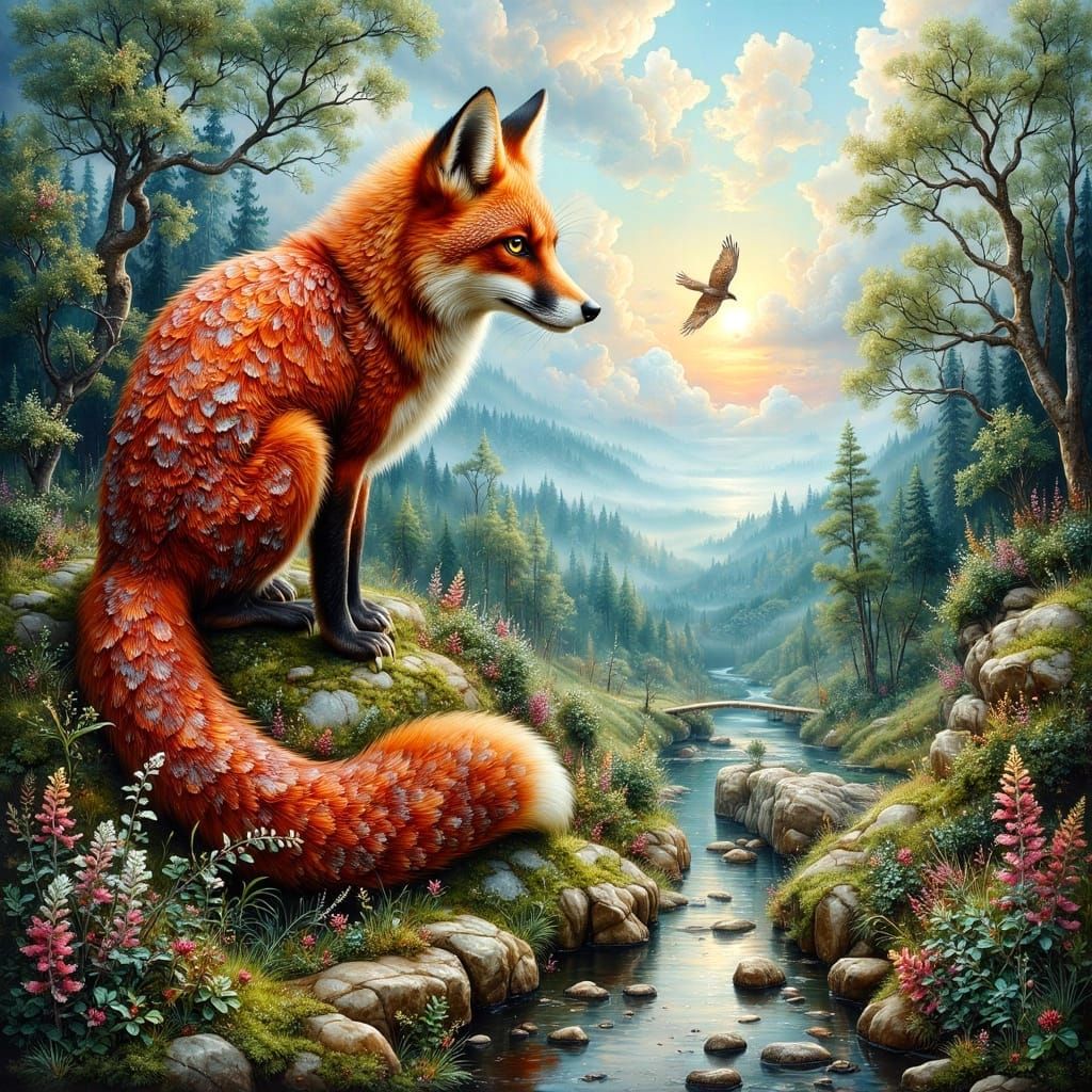 Fox Landscape: Hyperdetailed Impasto Oil Painting