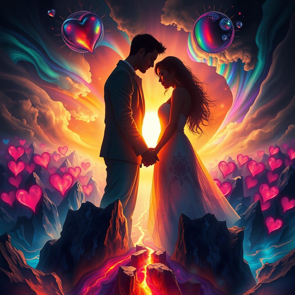 Ethereal Chiaroscuro: Majestic Couple in Love Amidst Swirlin...