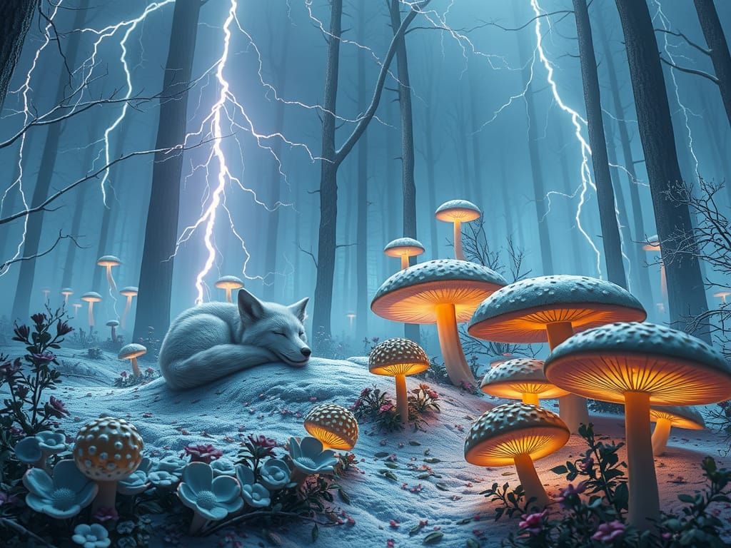 White Fox Sleeping in Iridescent Forest