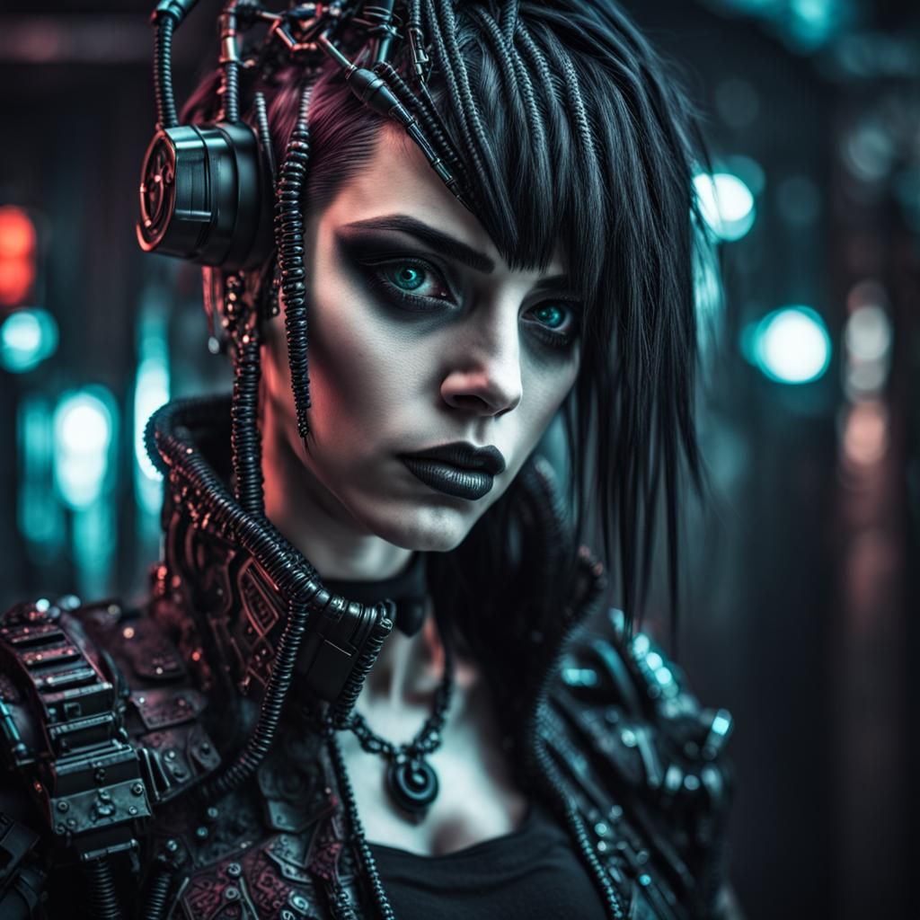 Hyperrealistic Goth Cyberpunk Woman in HDR
