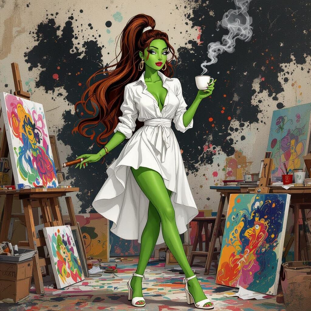 Green Skinned Artist in Studio, Art Nouveau Style