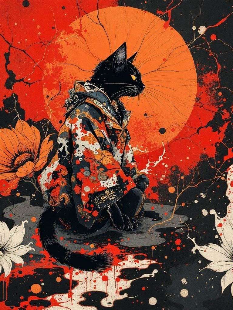 Ukiyo-e Cat Under Flower with Surreal Ink Details