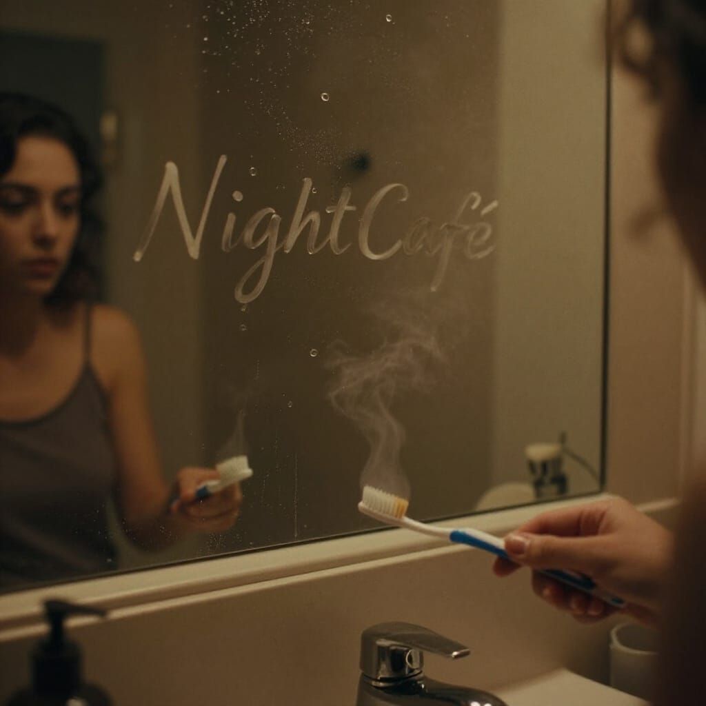Elegant "NightCafé" Script Fades on Steamy Mirror