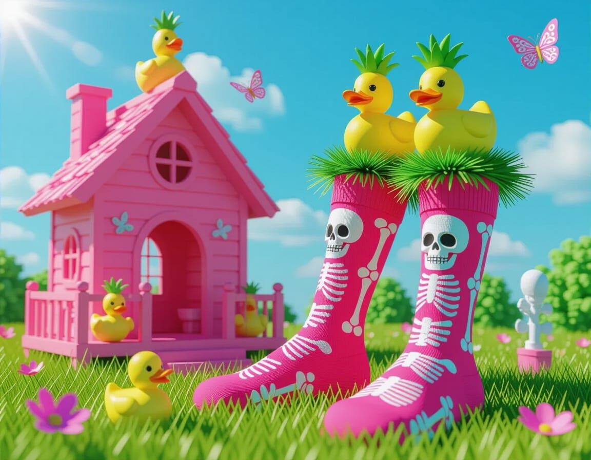 Whimsical Pink Treehouse with Ducks in Neon Style