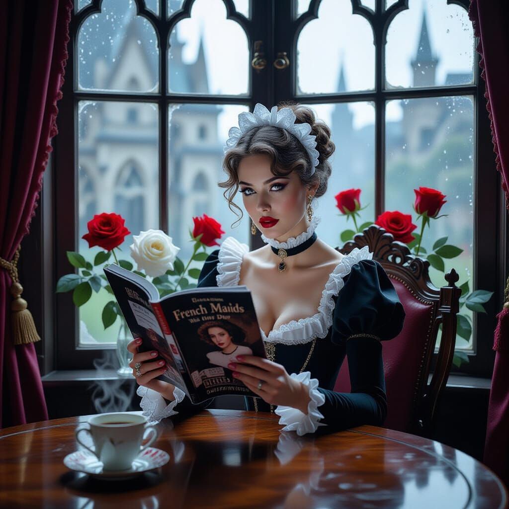Gothic Coquette Reading Magazine in Hyperrealistic Style