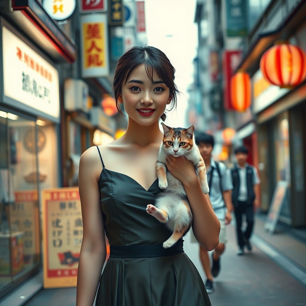 Young Lady with Cat in Tokyo: Manga-Inspired Style