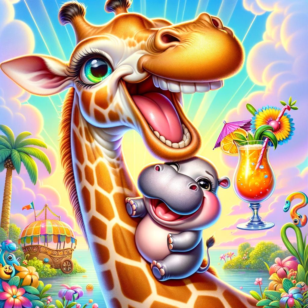 Cartoon Giraffe and Hippo in Whimsical Landscape