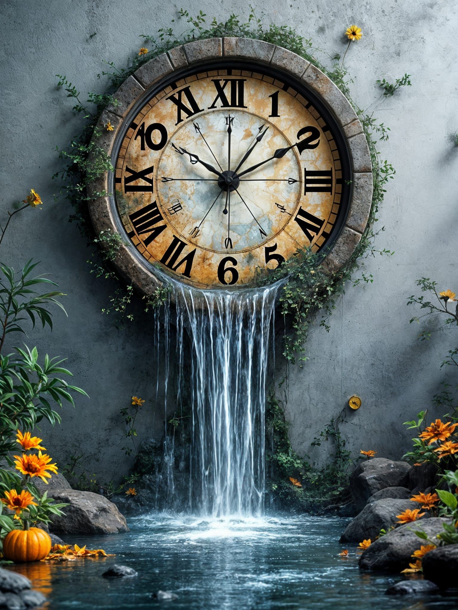 Waterfall Clock Creates Stream in Room: 3D Render